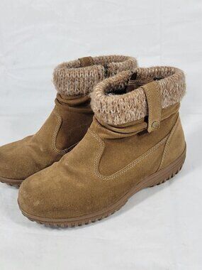 Khombu Chestnut Laura Ankle Boots Women Size 9 All Weather Leather Knit Cuffs